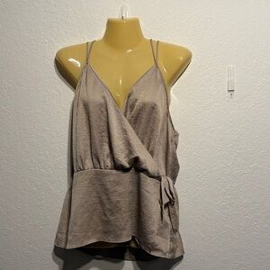 Express Elegant Sparkly Taupe Wrap Cross Camisole Gold Tie Front Blouse Size L/G